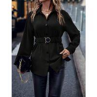 Kadın Uzun Kollu Yakalı önden Düğmeli Belden Kemerli Ithal Krep Bluz