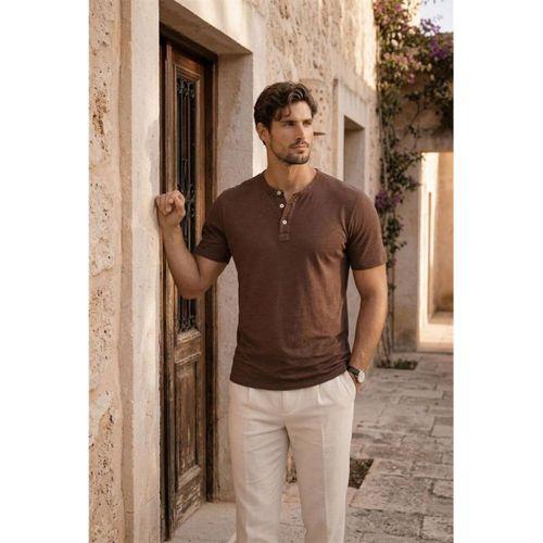Edgar Regular Fit 3 Düğmeli Pat Flamlı Suprem Kumaş Pis Yaka Erkek T-Shirt - Kahve
