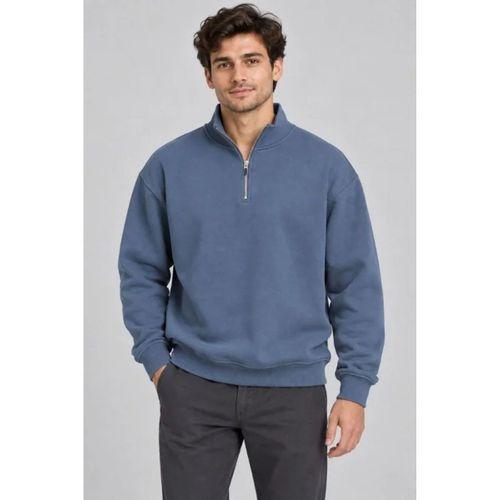 Erkek Üç İplik İçi Şardonlu Dik Yaka Yarım Fermuarlı Kışlık Sweatshirt - Mavi