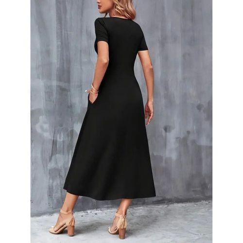 Kadın Kısa Kollu V Yakalı Cepli Viskon Elbise