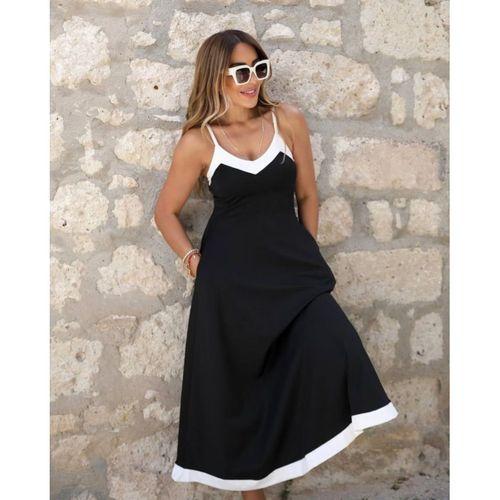 Kadın Ip Askılı V Yakalı çift Renkli Janjan Krep Elbise