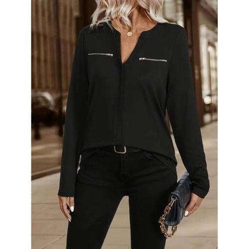 Kadın Uzun Kollu V Hakim Yaka Fermuar Detaylı Viskon Bluz