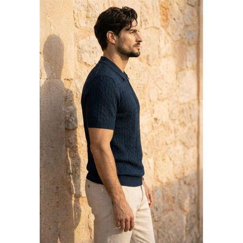 Burke Saç Örgü Yarım Fermuarlı Kısa Kollu İnce Triko Erkek T-Shirt - Lacivert