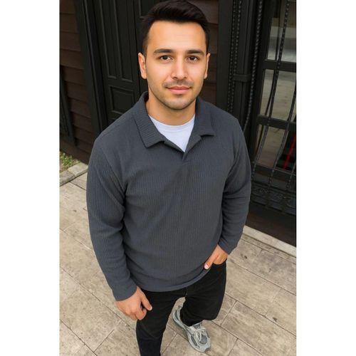 Erkek Fitilli Polar Sweatshirt – Düğmesiz Polo Yaka, Oversize Rahat Kalıp, Kalın Polar Kumaş, Kışlık Ve Baharlık Şık Günlük Üst - Füme