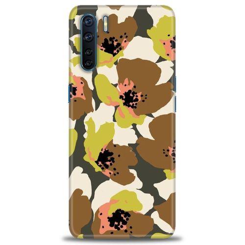 Oppo A91 / Reno 3 Kılıf HD Baskılı Kılıf - Yeşil Kahve Çiçekler + Tam Ekran Koruyucu