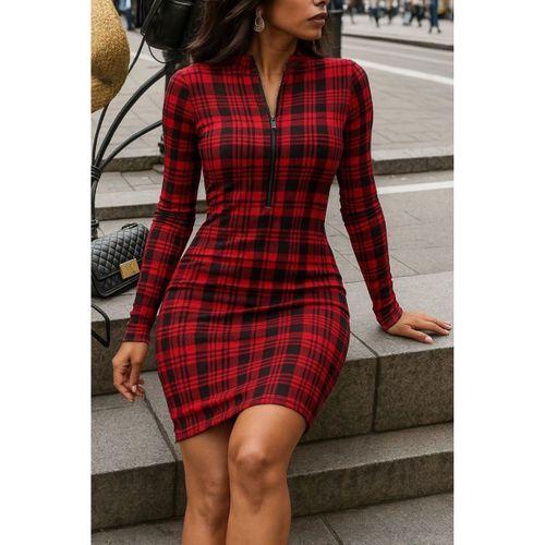 Kadın Uzun Kollu Fermuarlı Ekose Baskılı Dalgıç Elbise