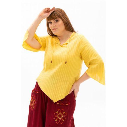 Truvakar Kol Büyük Beden Gofre Rodos Yazlık Bluz Sarı Sarı