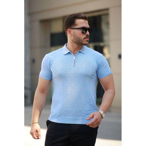 Erkek Fermuar Yakalı Baklava Desen Kısa Kollu Gömlek