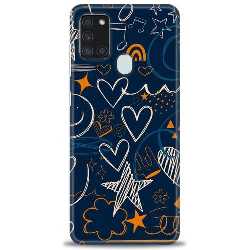 Samsung Galaxy A21S Kılıf HD Baskılı Kılıf - Notalar ve Kalpler + Tam Ekran Koruyucu