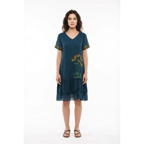 Kısa Kol Dilek Vual V Yaka Yazlık Nakışlı Günlük Kısa Elbise Petrol Ptrl