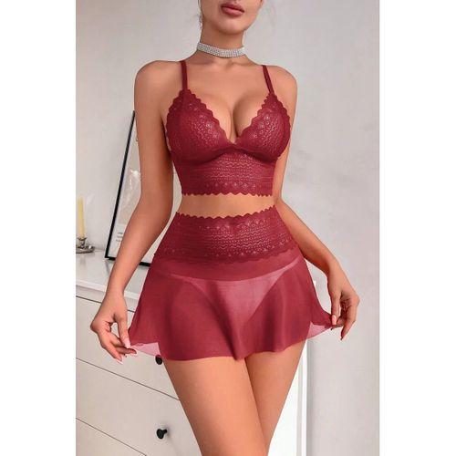 Kadın Bordo Dantel Ve Tül Detaylı Etekli Şık Gecelik Takımı