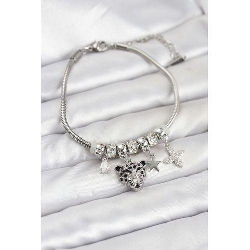 Pirinç Gümüş Renk Kaplan Model Charmlı Kadın Bileklik