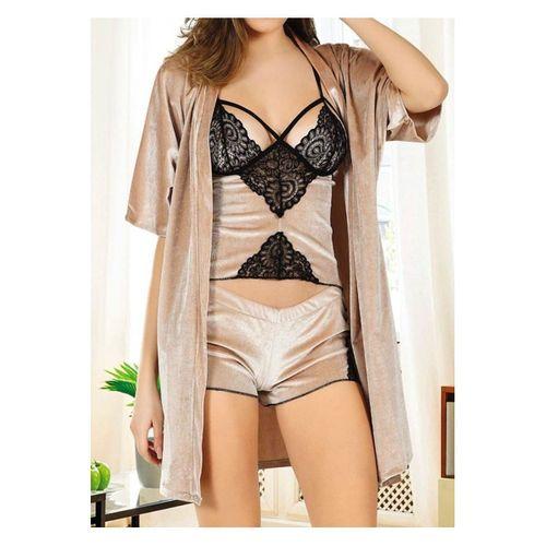 Vizon Kadife Dantelli Sabahlık & Gecelik Takım 3' Lü - 1398