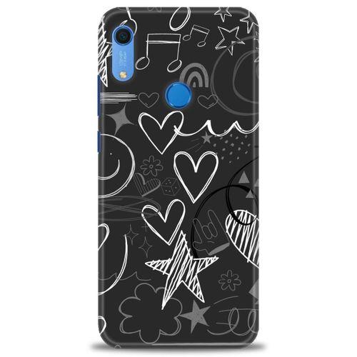 Huawei Y6S Kılıf HD Baskılı Kılıf - Siyah Kalp ve Notalar + Tam Ekran Koruyucu