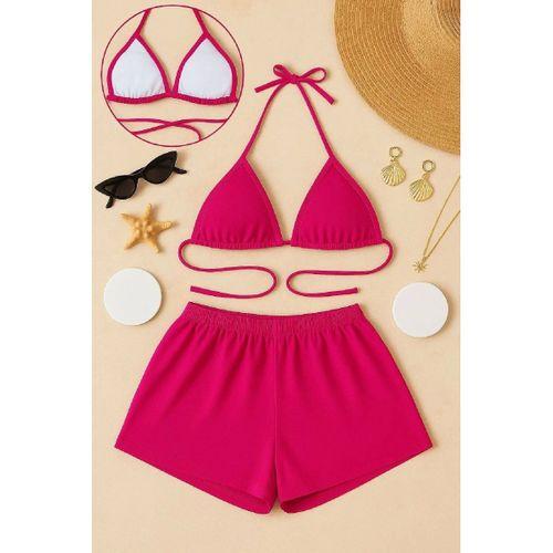 Fuşya Şortlu Bağlamalı Bikini Takımı Üçgen Kesim Ayarlanabilir Esnek Kumaş Kadın Mayo Seti