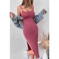 Aria's Closet Vücuda Oturan Askılı Esnek Örme Yırtmaçlı Midi Diz Altı Elbise Pembe