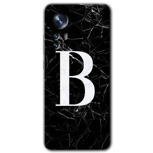 Xiaomi Mi 12 Pro Kılıf HD Desen Baskılı Arka Kapak + Temperli Cam - Siyah Mermer Desenli B Harfi