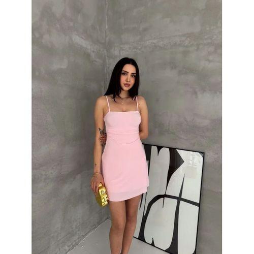 Askılı Şifon Mini Elbise Drapeli Bel Vücuda Oturan Yazlık Şık - Pembe