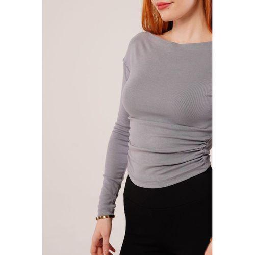 Yaka Detay Uzun Kollu Basic Gri Bluz