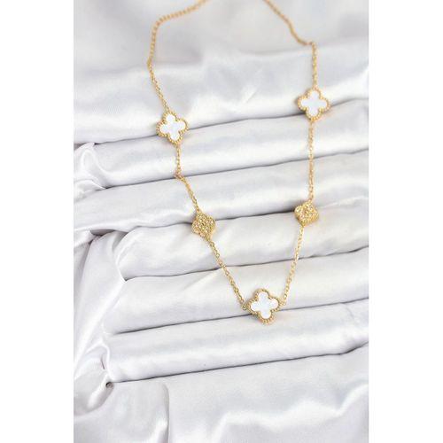 316L Çelik Zincir Gold Renk Beyaz ve Zirkon Taşlı Yonca Kadın Kolye