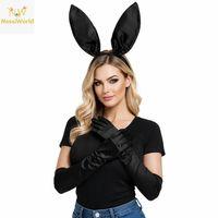 Siyah Parlak Tavşan Kulak ve 40 cm Parlak Siyah Eldiven Kostüm Seti