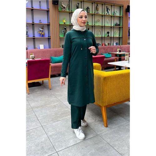 Kapşonlu Düğmeli Sade Basic Uzun Tunik ve Pantolon İkili Spor Takım - 03072.021 - Nefti
