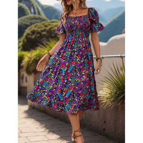 Kadın Kısa Kollu Kare Yakalı Beli Lastikli çiçek Desenli Mini Süprem Elbise