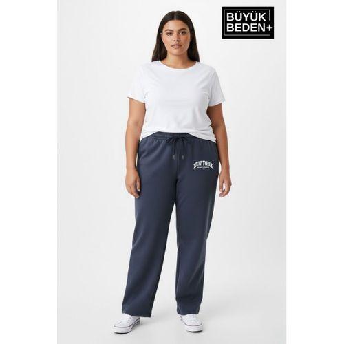 Kadın Büyük Beden New York Baskılı Rahat Kesim Paça Reçme ince Eşofman Altı SPR26EAk952-5
