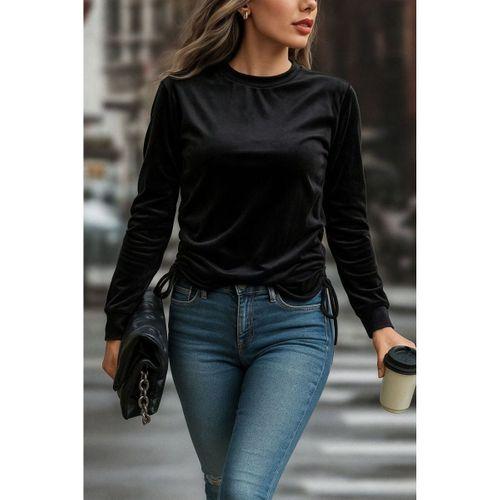 Kadın Uzun Kollu Bisiklet Yaka Yanları Ve Kolları Büzgülü Kadife Bluz