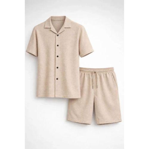 Erkek Waffle Kumaş Kısa Kollu Gömlek Şort Takım Regular Fit Yazlık İkili Set - Bej