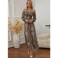 Kadın Düşük Omuzlu Beli Büzgülü Dijital Desenli Kesik Elyaf Süprem Uzun Elbise