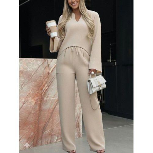 Kadın Uzun Kollu V Yakalı Keten Bluz Bağcıklı Pantolon Ikili Takım