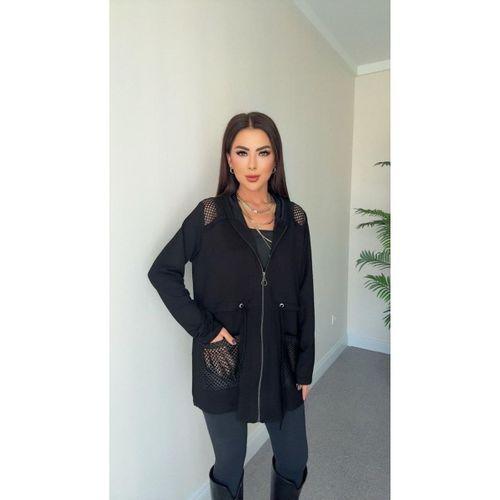 Kadın Uzun Kollu önü Fermuarlı File Detaylı Belden Bağcıklı Kısa Modal Ceket