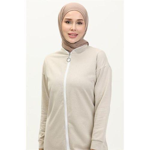 Bisiklet Yaka Fermuarlı Uzun Tunik Sade Basic Spor Takımı - 03044.027 - Ekru