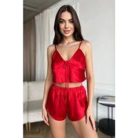 Özel Tasarım Kadın Kırmızı Saten Pijama Takımı İnce Askılı Şortlu