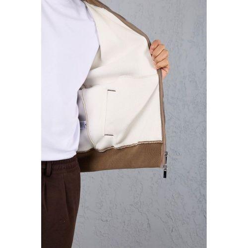 Ron Selanik Örme İçi Peluş Çift Fermuarlı Dik Yaka Erkek Hırka Sweatshirt - Vizon