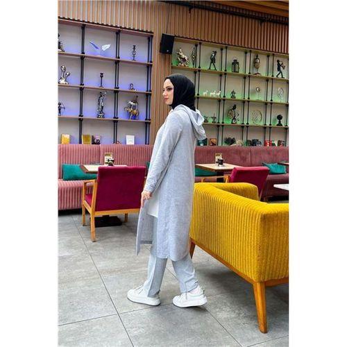 Kapşonlu Yandat Çıtçıtlı Sade Basic Uzun Tunik ve Pantolon İkili Spor Takım - 03071.008 - Gri