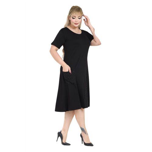 Melsay Butik Siyah Taş Baskılı Çapraz Cepli Kısa Kol Midi Elbise