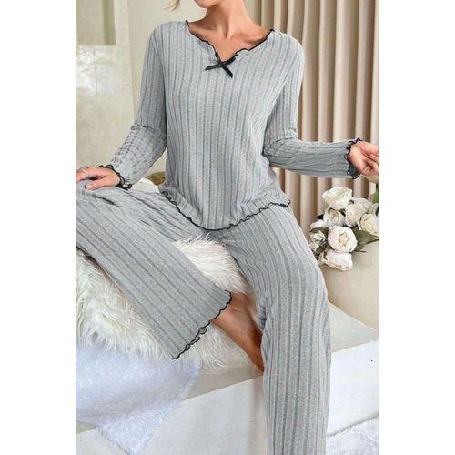Kadın Gri Çizgili Fiyonk Detaylı Uzun Kollu Mevsimlik Pijama Takımı Premium Ev Giyim