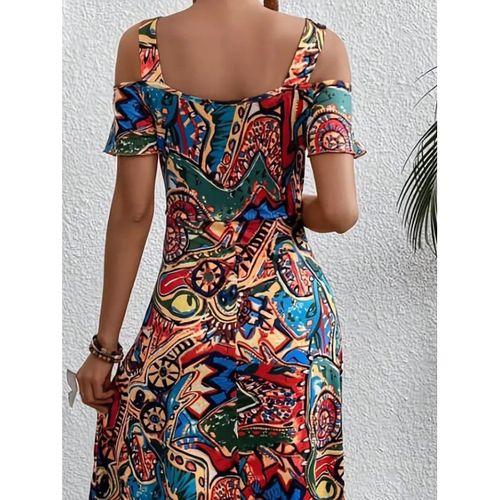 Kadın Omuzlardan Açıl Askılı Desenli Süprem Elbise