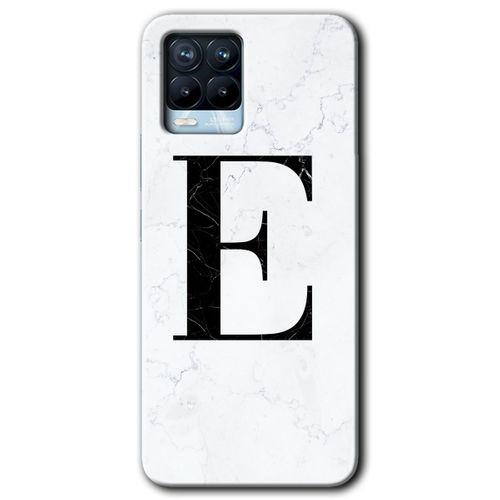 Realme 8 Pro Kılıf Baskılı Kapak - Beyaz Mermer Desenli E Harfi + 5D Tam Kaplayan Cam