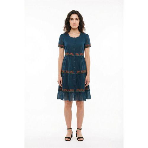 Kısa Kol Neva Bisiklet Yaka Nakışlı Otantik Vual Kısa Elbise Petrol Ptrl