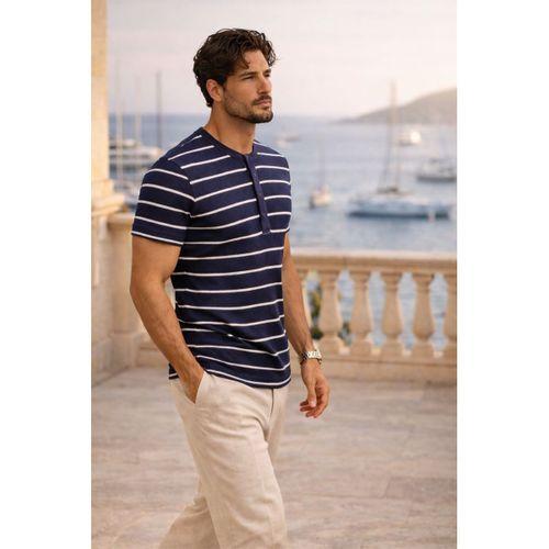 Kristof Pike Kumaş Regular Fit Düğmeli Yaka Kendinden Çizgili T-Shirt - Lacivert