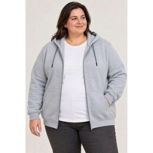 Battal Büyük Beden Üç İplik İçi Şardonlu Kapüşonlu Tam Fermuarlı Kışlık Sweatshirt - Gri