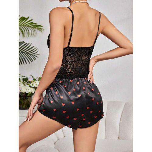 Kadın Siyah Kırmızı Kalp Desenli Saten Şort Pijama Takımı 2232