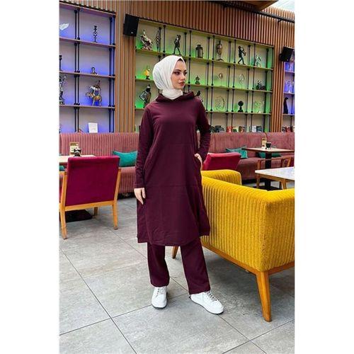 Kapşonlu Yandat Çıtçıtlı Sade Basic Uzun Tunik ve Pantolon İkili Spor Takım - 03071.020 - Mürdüm