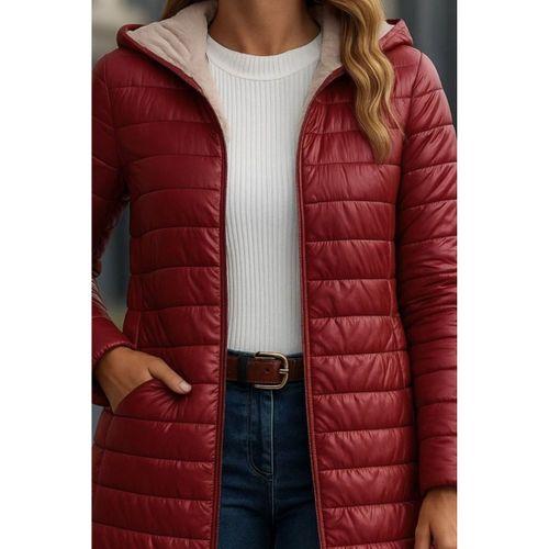 Kadın Uzun Kollu Kapşonlu Cep Detaylı Fermuarlı Orta Boy Mont