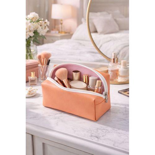 Deri Makyaj Kozmetik Çantası Seyahat Tipi Çanta Organizer Şeftali