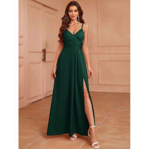 Kadın Ip Askılı Kruvaze Yakalı Yırtmaçlı Uzun Ithal Krep Elbise