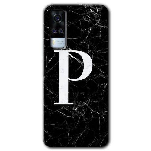 Vivo Y31 2021 Kılıf HD Desen Baskılı Arka Kapak - Siyah Mermer Desenli P Harfi